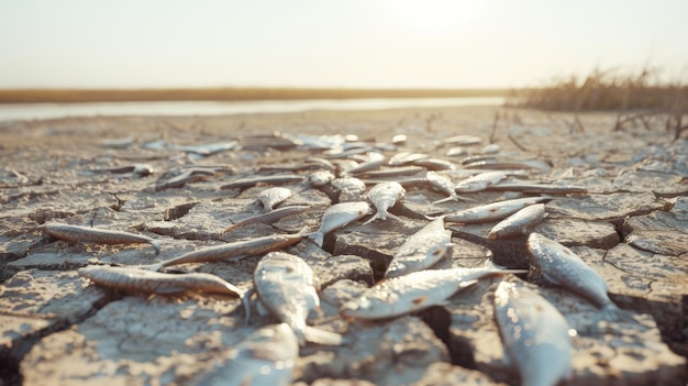 Photo a desolate scene of numerous dead fish scattered on a cracked parched landscape under the harsh light of a setting sun representing environmental devastation