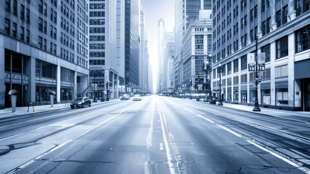 Desolate urban streets in cool blue tones create a sense of calm in the cityscape