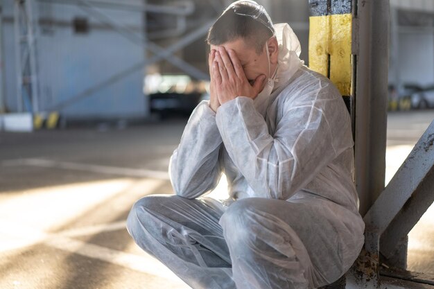 Despair healthcare worker in white covid protective overalls Tired Male caucasian doctor grabs his head cower in depression during coronavirus pandemic