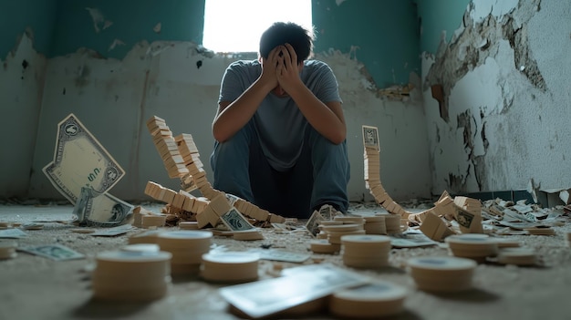 Photo desperate man surrounded by money in abandoned building