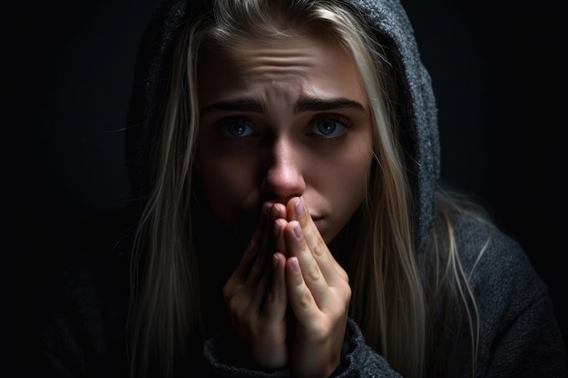 In desperate need Close up of poor sad depressed young woman begging for help and going to cry while standing isolate on black background