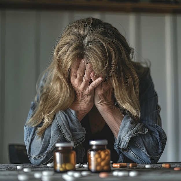 Photo desperate woman struggling with addiction in darkness