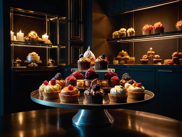 Dessert Artistry Gourmet Confections Stylishly Displayed in Moody Lighting view