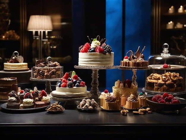 Photo dessert artistry gourmet confections stylishly displayed in moody lighting view