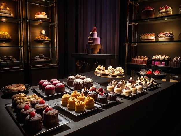 Dessert Artistry Gourmet Confections Stylishly Displayed in Moody Lighting view