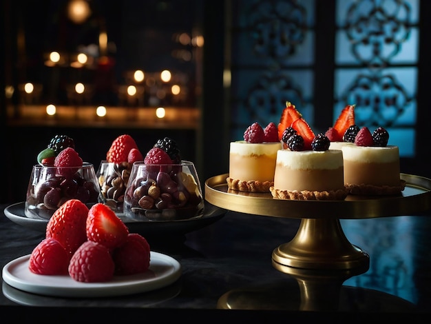 Photo dessert artistry gourmet confections stylishly displayed in moody lighting view