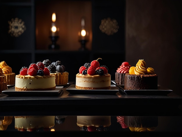 Dessert Artistry Gourmet Confections Stylishly Displayed in Moody Lighting view