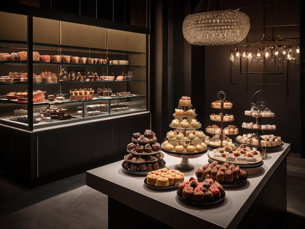 Photo dessert artistry gourmet confections stylishly displayed in moody lighting view