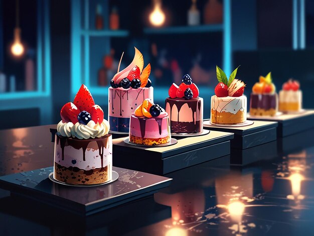 Photo dessert artistry gourmet confections stylishly displayed in moody lighting view