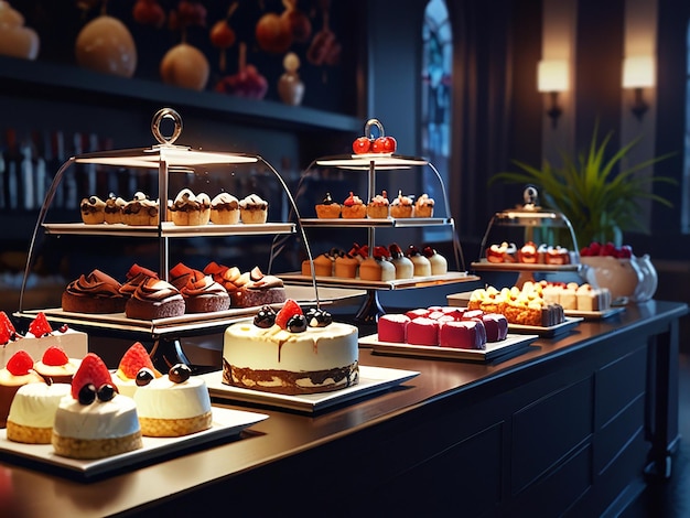 Dessert Artistry Gourmet Confections Stylishly Displayed in Moody Lighting view