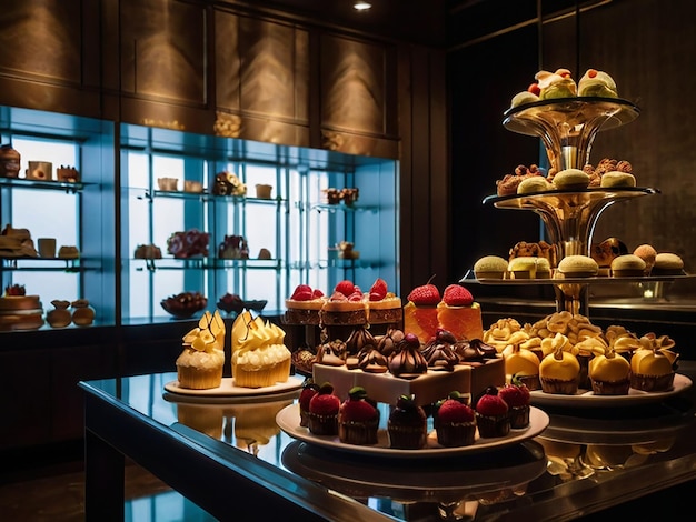 Dessert Artistry Gourmet Confections Stylishly Displayed in Moody Lighting view