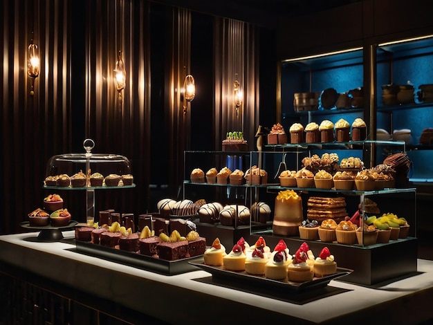 Dessert Artistry Gourmet Confections Stylishly Displayed in Moody Lighting view