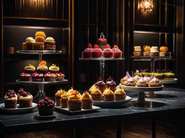 Dessert Artistry Gourmet Confections Stylishly Displayed in Moody Lighting view