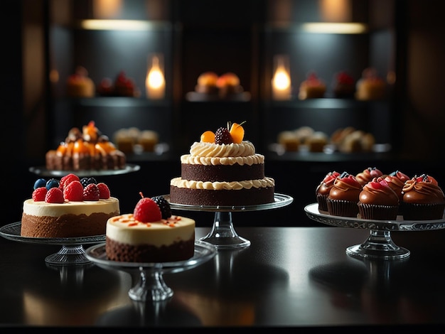 Dessert Artistry Gourmet Confections Stylishly Displayed in Moody Lighting view