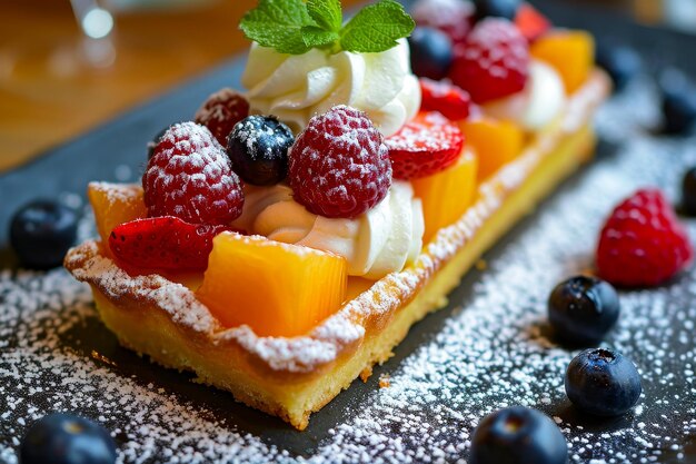 Dessert on black tray that is topped with fruit including blueberries and raspberries Generative AI