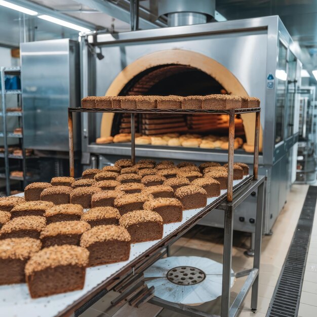 Photo dessert bread baking in oven production oven at the bakery baking bread manufacture of bread