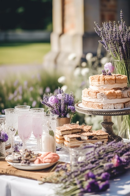 Dessert buffet table food catering for wedding party holiday celebration lavender decor cakes and desserts in a country garden generative ai