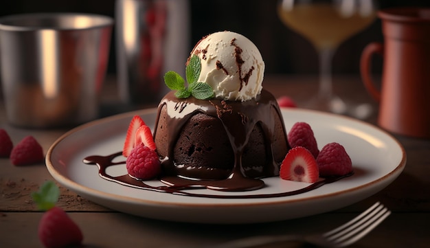 Dessert chocolate fondant with raspberries in the restaurant Generative AIx9