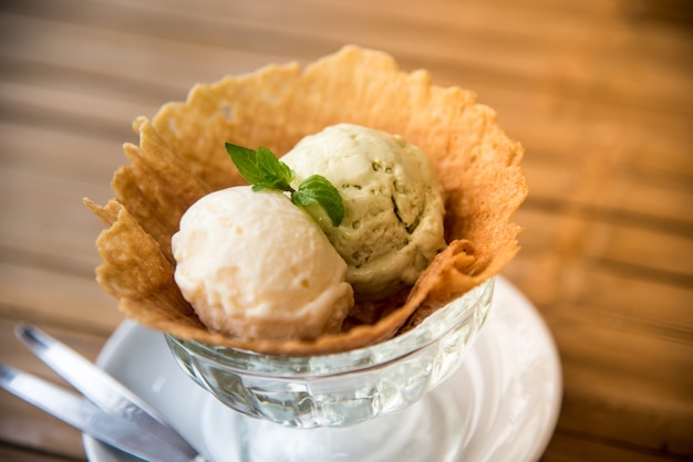 Dessert, Ice cream in glass, Vanilla and avocado taste.