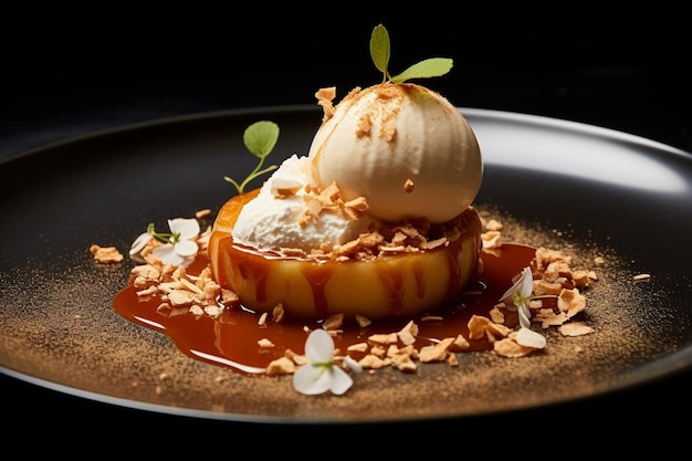 a dessert of ice cream is on a pan with a black background.