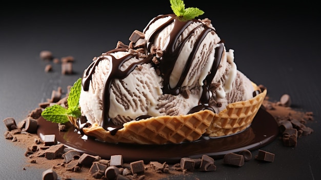 dessert indulgence gourmet chocolate ice cream on waffles