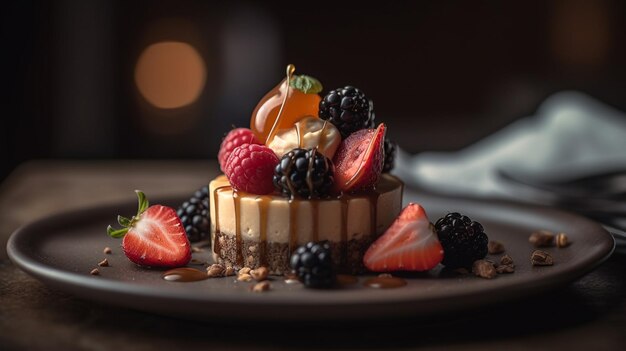 A dessert plate with a fruit topping on it