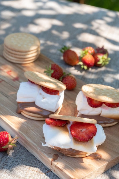 Dessert smores with marshmallow and strawberry