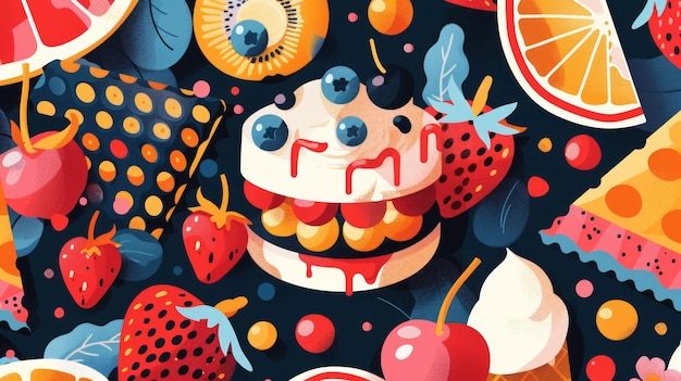 Dessert and structured patterns converge in a lively colorful artwork