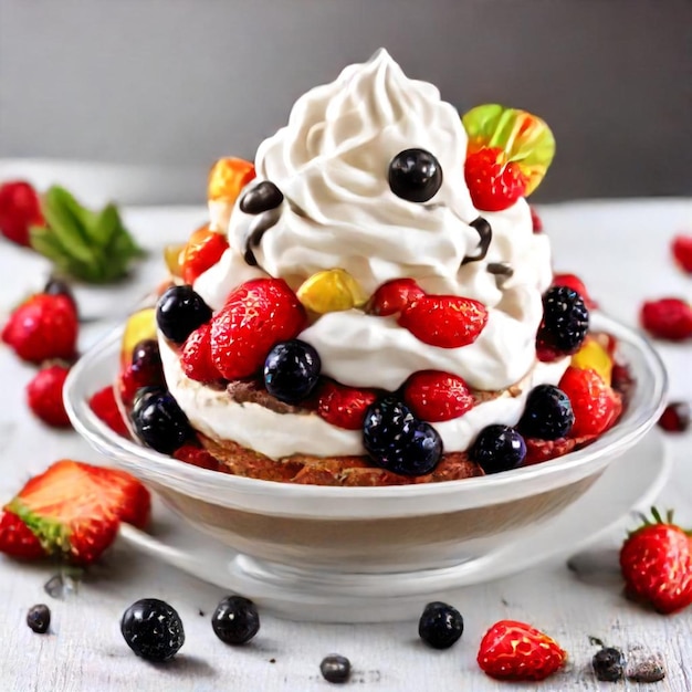 a dessert with berries and cream on it sits on a table