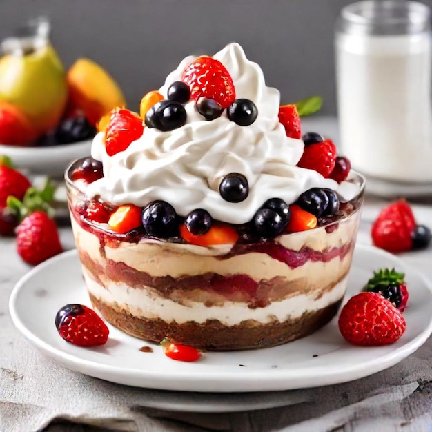 a dessert with berries and cream on a plate with a glass of milk