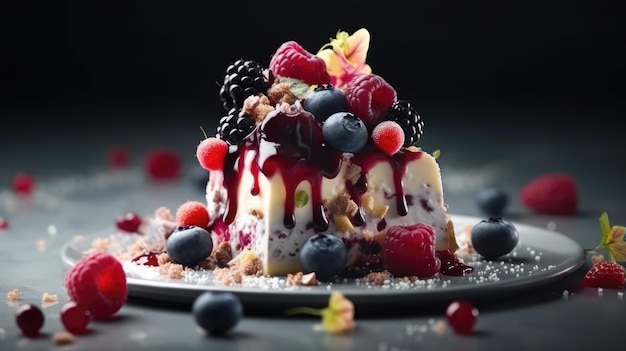 A dessert with berries and cream on top