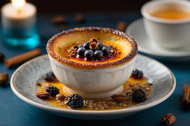 a dessert with berries and a cup of coffee on a plate