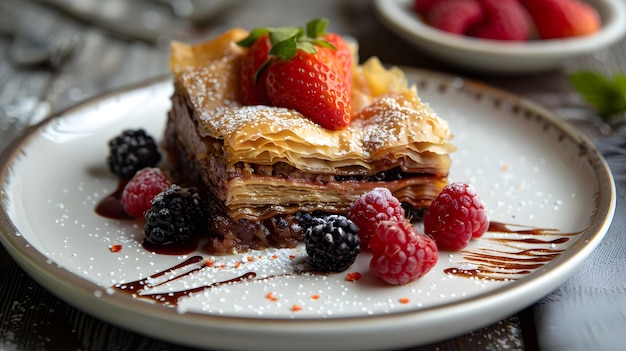 a dessert with berries and a strawberry on the plate