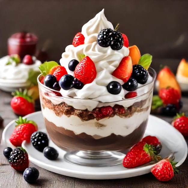 a dessert with berries and whipped cream on a plate