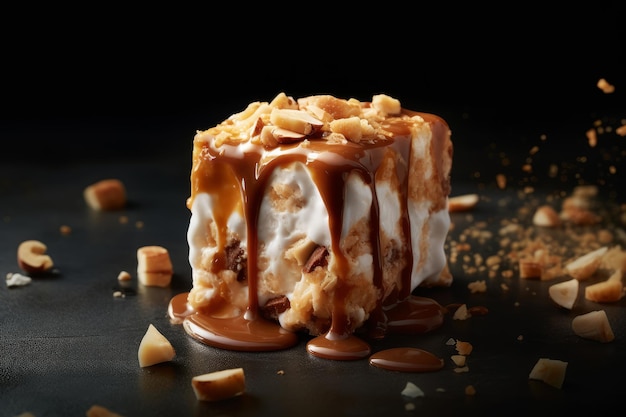 A dessert with caramel sauce and caramel sauce on a black table.