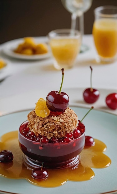 a dessert with cherries and cherries on a plate