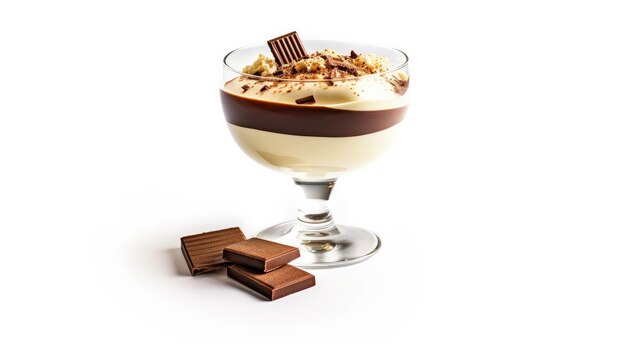 a dessert with chocolate bars on it and a glass of milkshake on the bottom.