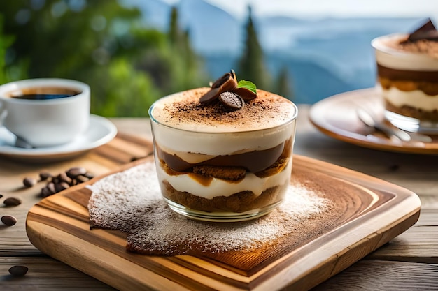 Photo a dessert with chocolate and cream on a wooden tray