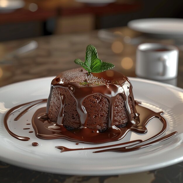 Photo a dessert with chocolate and mint on it sits on a table