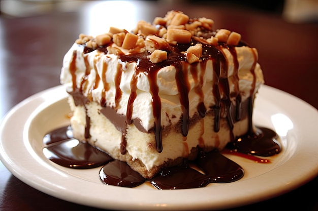 A dessert with a chocolate sauce drizzled on top.