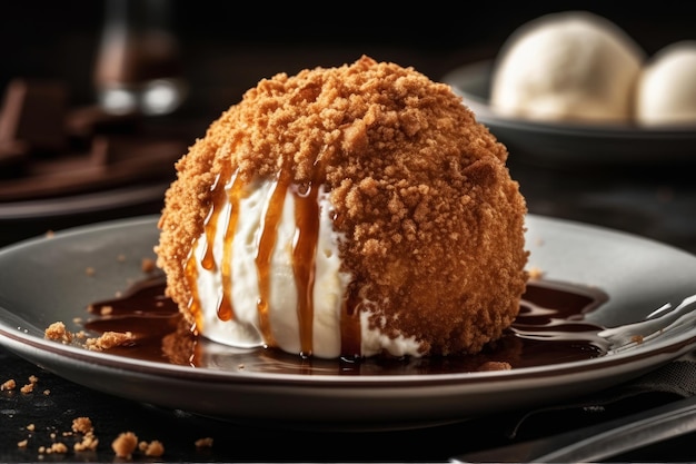 A dessert with ice cream and caramel sauce on top.