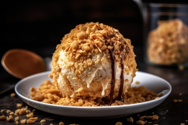 A dessert with ice cream and chocolate sauce on a plate.