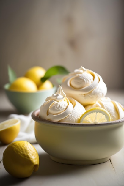 Dessert with lemon mousse and fluffy meringues on light background with copy space