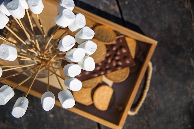 Dessert with marshmallows, chocolate and crackers after a barbecue in the park