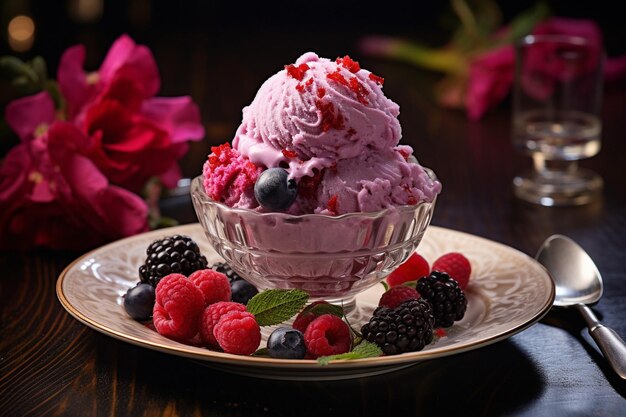 Dessert with a scoop of berry ice cream on a wooden table with flower decor