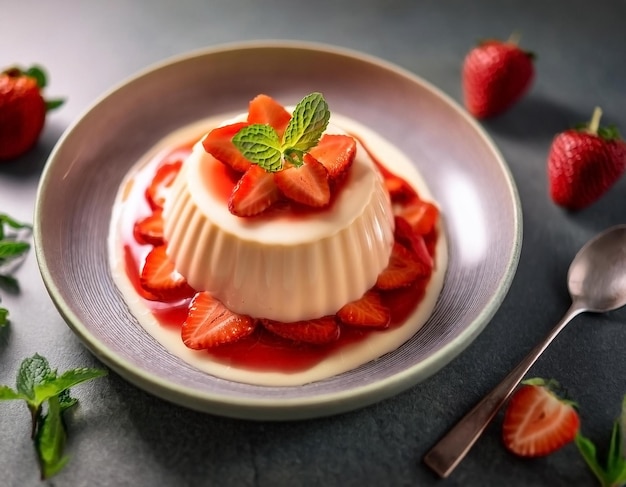 a dessert with strawberries and a spoon on a table