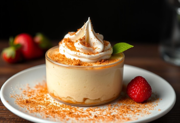 Photo a dessert with whipped cream and strawberries on a plate