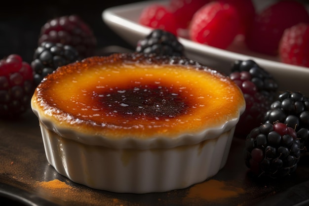 A dessert with a white plate with blackberries and a plate of blackberries