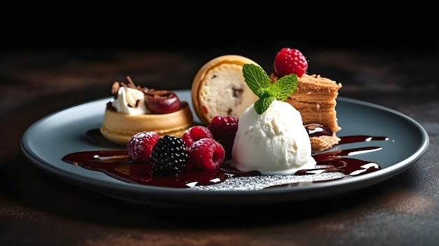 Desserts on a plate with a scoop of ice cream and raspberry on top