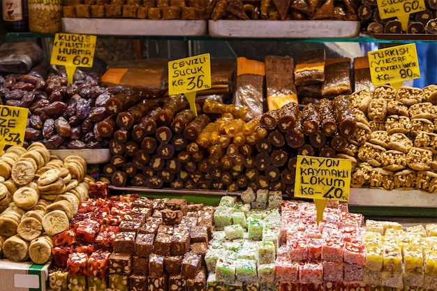 Desserts and sweets disposed in a store in Grand Bazaar, Istanbul